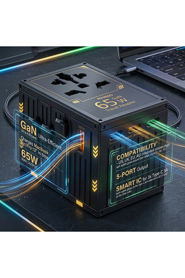 NAIECO Universal Travel GaN Adapter with USB-C 3.0A & USB-A, plugs for EU, UK, US, AU, Asia, black