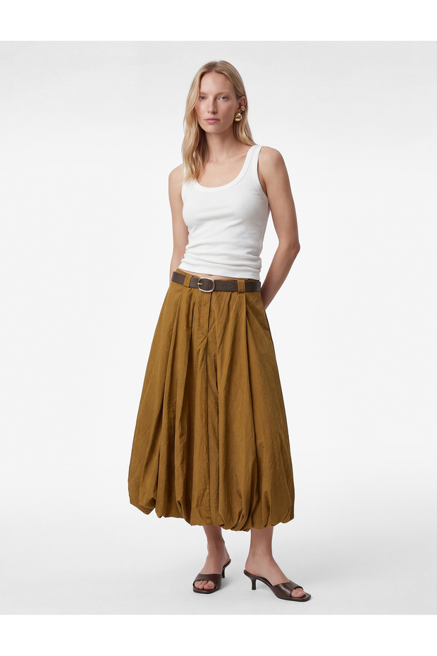 High Waist Belt Detailed Parachute Fabric Midi Balloon Skirt
