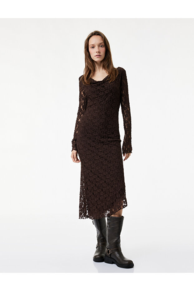Back Detail Cowl Neck Long Sleeve Asymmetric Midi Lace Dress