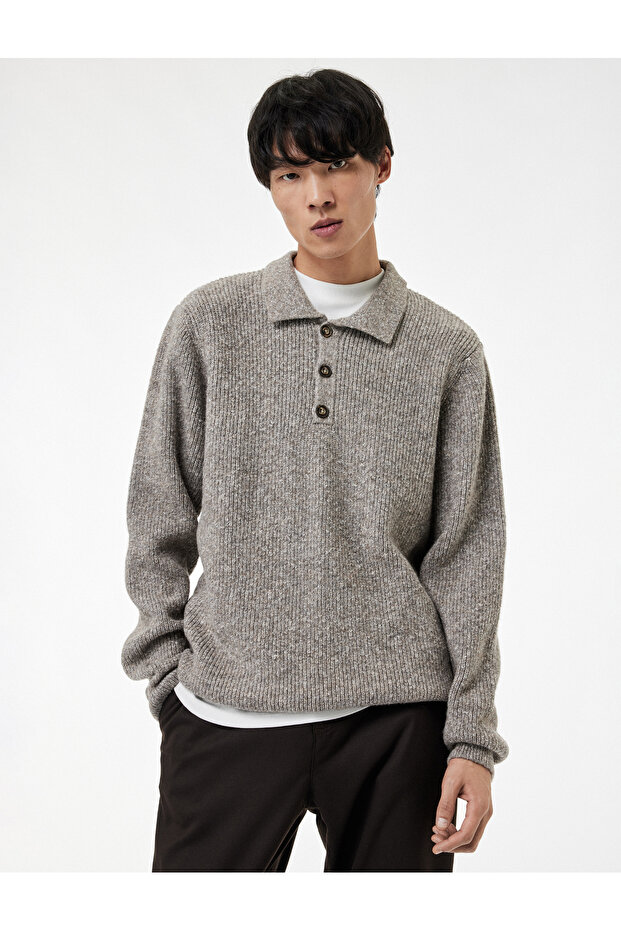 Regular Fit Buttoned Polo Neck Knitwear Sweater