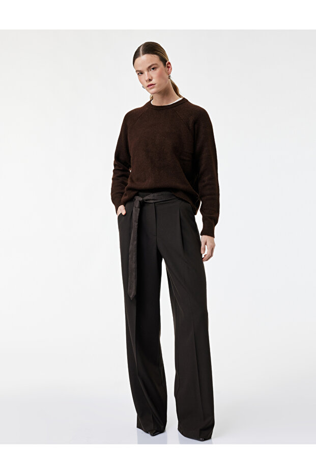 Wide Leg Pants with Pockets and Belt Detail Palazzo Pants