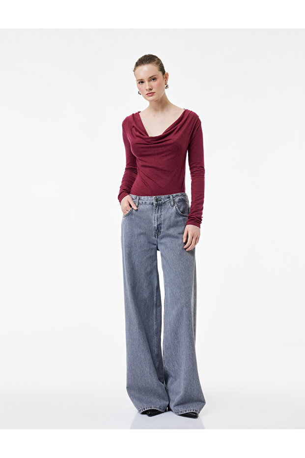 Slim Fit Wool Blend Long Sleeve Degaje Collar Blouse