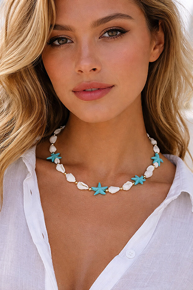 Seashell Blue Starfish Detailed Women's Necklace Bohemian Summer Jewelry