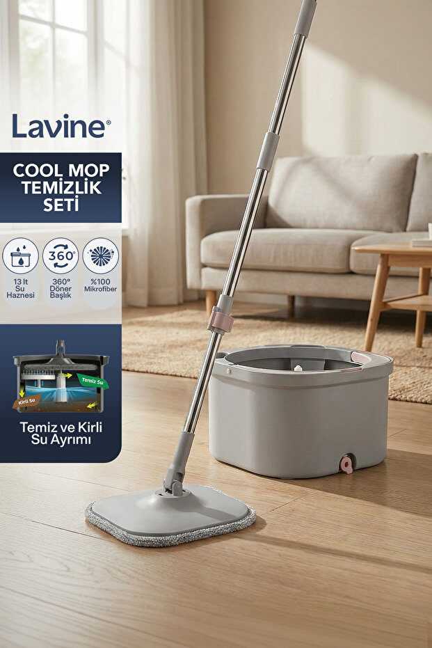 Lavine Cool Mop Temiz Su - Kirli Su Ayıran Otomatik Temizlik Seti Mikrofiber Bez - Su Tahliyeli
