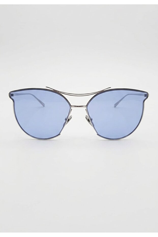Women's Cat Eye Large Transparent Blue Sunglasses Silver Metal Frame