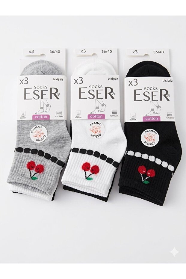 12 Pairs Women's Cotton Bootie Socks Seamless Cherry Patterned Black White Gray