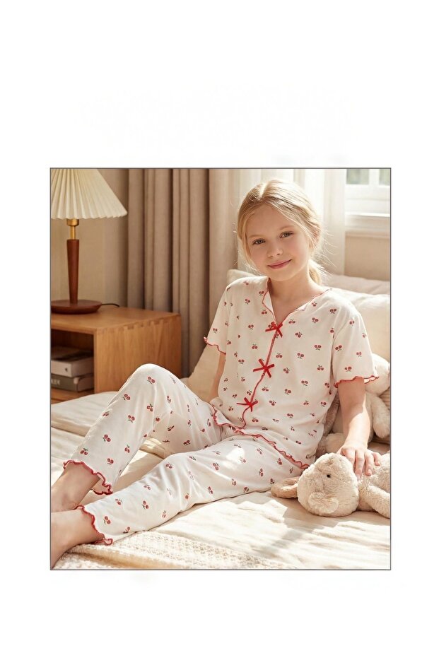 Girl's Cherry Patterned Cotton Pajama Set – Soft Textured, Breathable