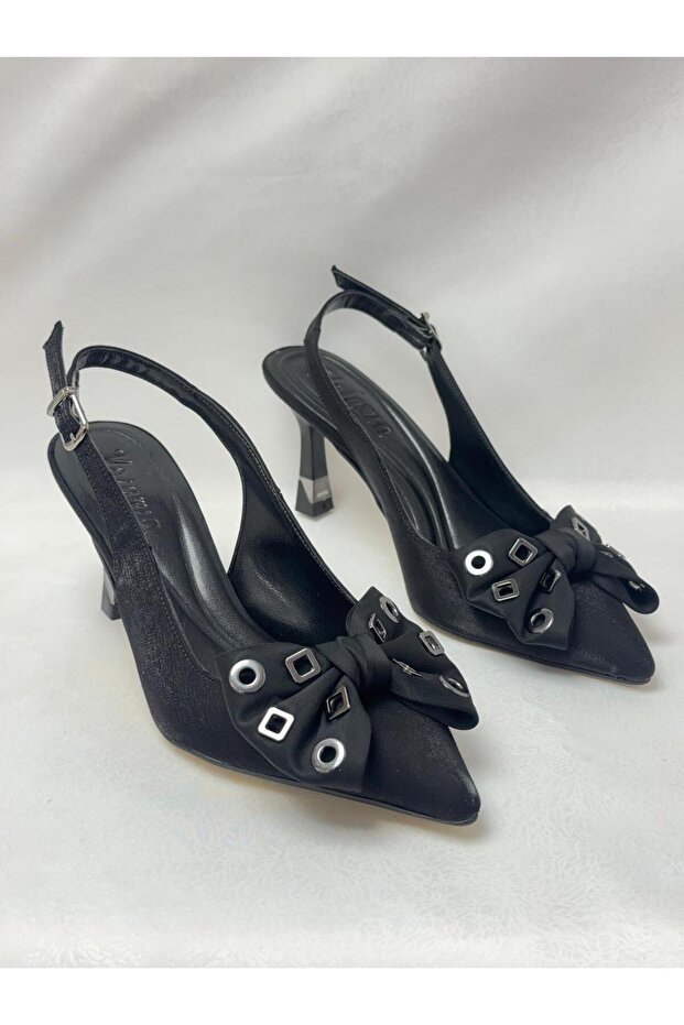 Ll2728 satin material butterfly bow special design galvanized heel high heel shoe black