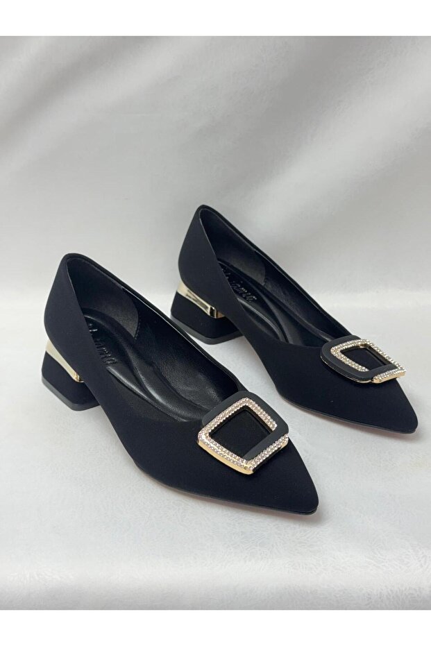 Ll2725 Satin Material Imported Stone Special Buckle Galvanized Special Pad Inside the Heel Heel Shoes Black