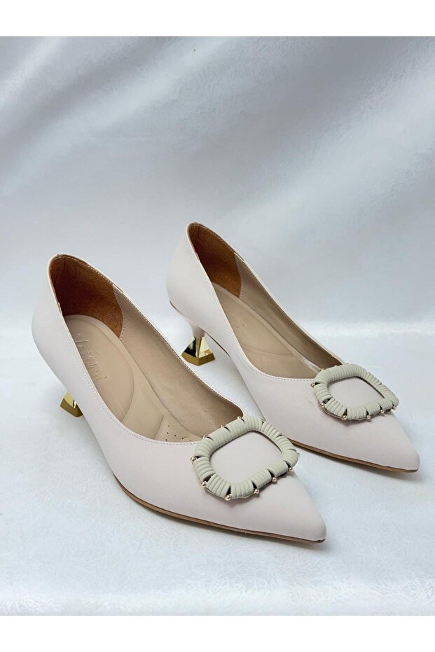 Ll2723 satin material special imported buckle special design galvanized taper heel shoe beige