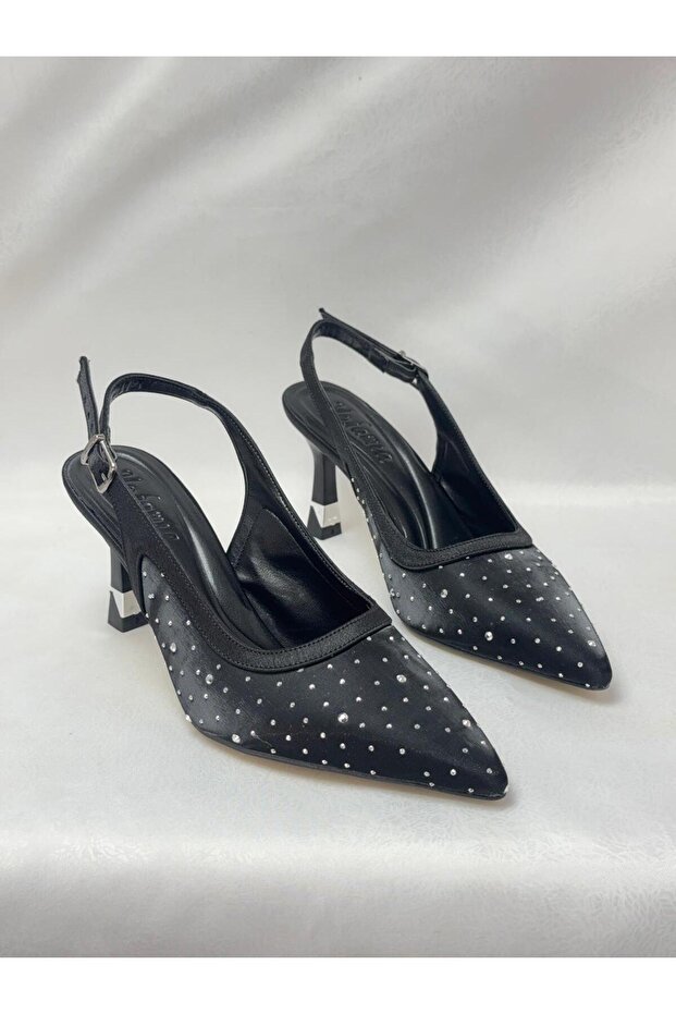 Ll2724 Satin Material Special Stone Embroidered Special Design Heel Shoes with Inside Pad for Evening Wear Black