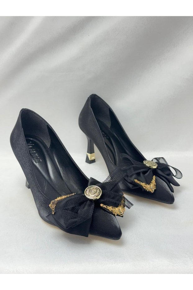 Ll2730 Imported Satin Material Special Tulle and Buckle Detail Design Special Heel with Gold Detail