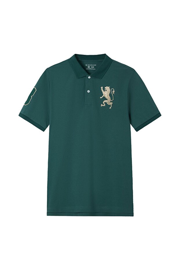 Men’s Slim Fit 3D Lion Embroidery Lycra Pique Polo