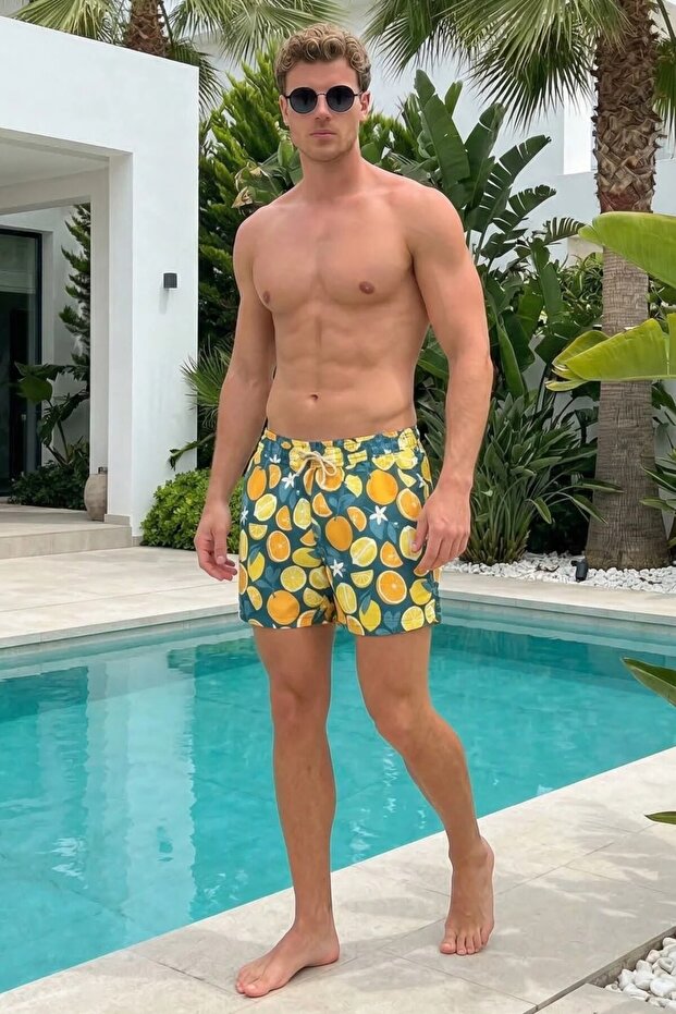 Patterned Swim Shorts with Elastic Laces for Men, Lined Green Short Length Beach Shorts Ls-95766
