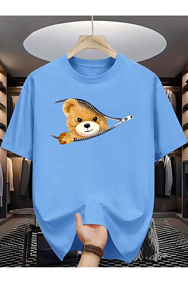 Women's Pocket Zipper Bear Printed Oversize T-Shirt
