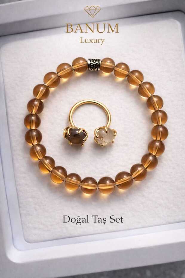Natural Honey Tone Quartz Stone Bracelet & Ring Set
