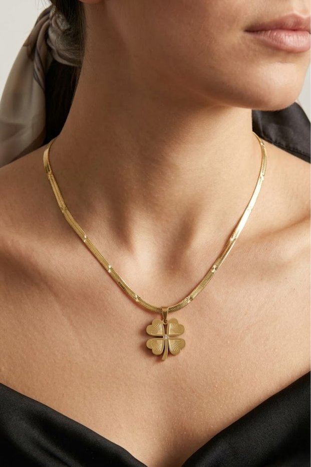 100% Clover Steel Necklace - Patterned Italian Chain Non-Tarnish Stainless Steel Necklace for Daily Use - 42+5cm
