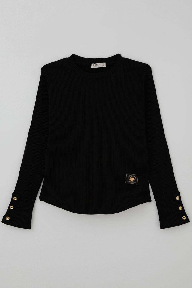 Girl's Long Sleeve T-Shirt with Heart Embroidery on Sleeves and Button Accessory Detail, Ages 9-14, Black