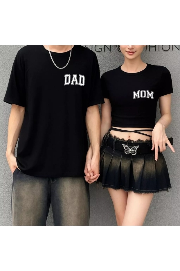 Unisex Dad and Mom Printed Lover Couple Combination Design Oversize T-Shirt and Crop Top 2-Piece Set