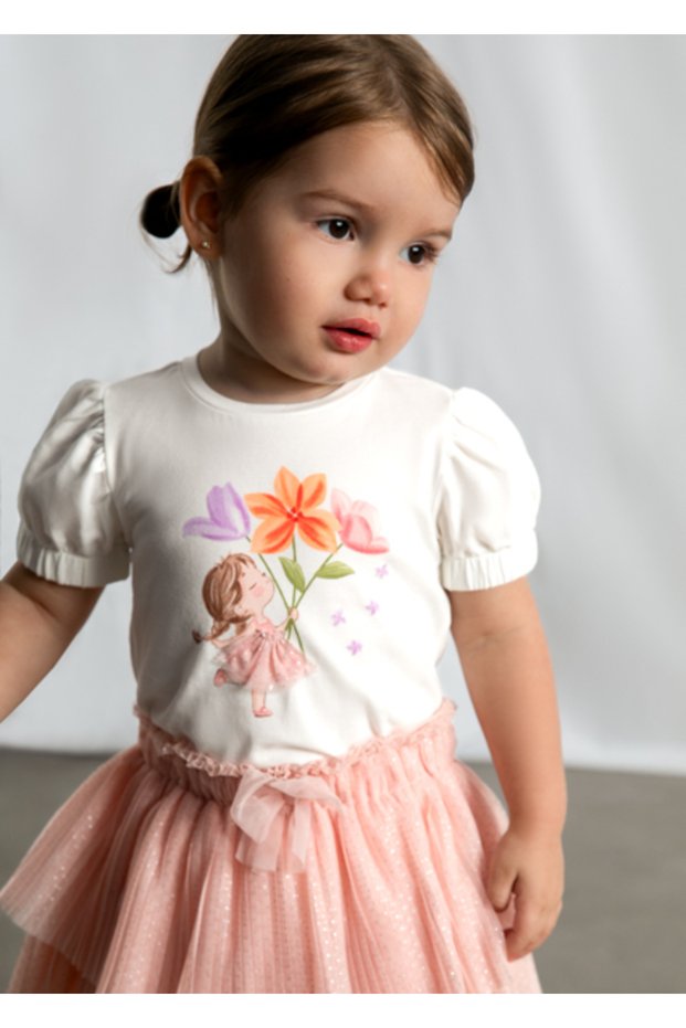 Baby Girl Embroidered Balloon Sleeve T-Shirt Cream - 01078