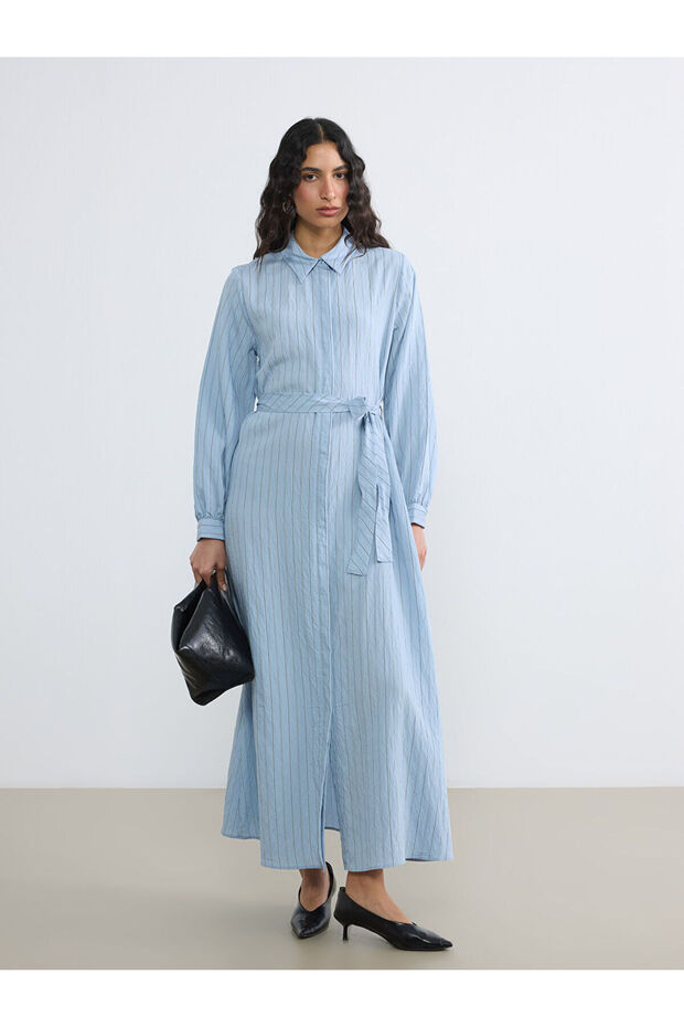 Lcw Modest Blue Striped Belted Poplin Shirt Dress with Nevavm Difference - S6Kg30Z8-Leh