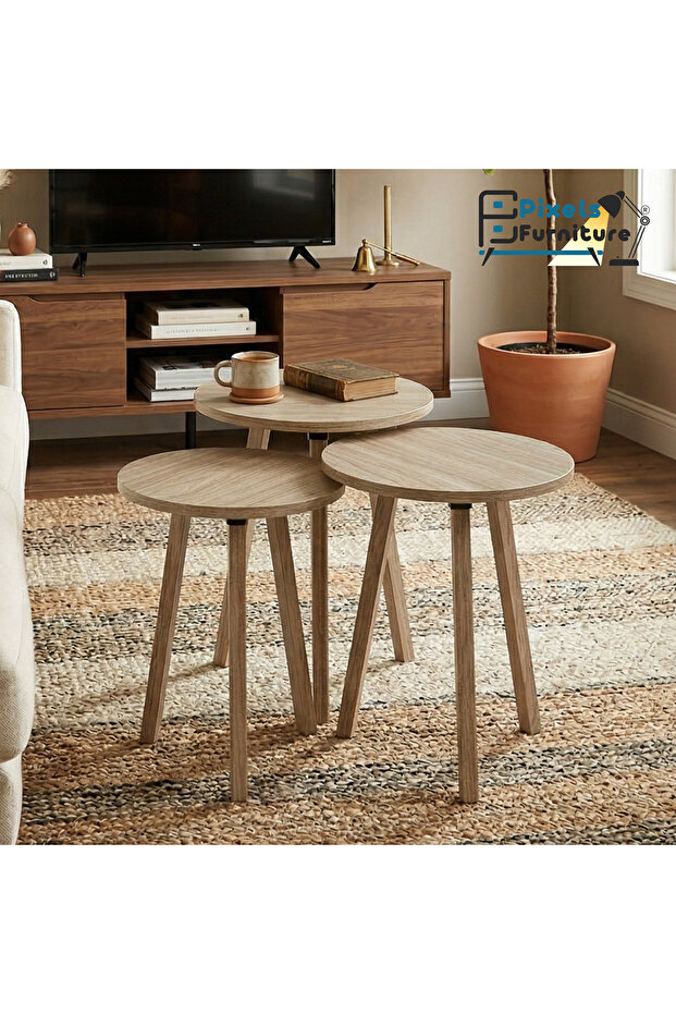 طقم طاولات 3 قطع بتصميم دائري من بكسل الأثاث, لتقديم القهوة والشاي, متعددة الاستخدامات