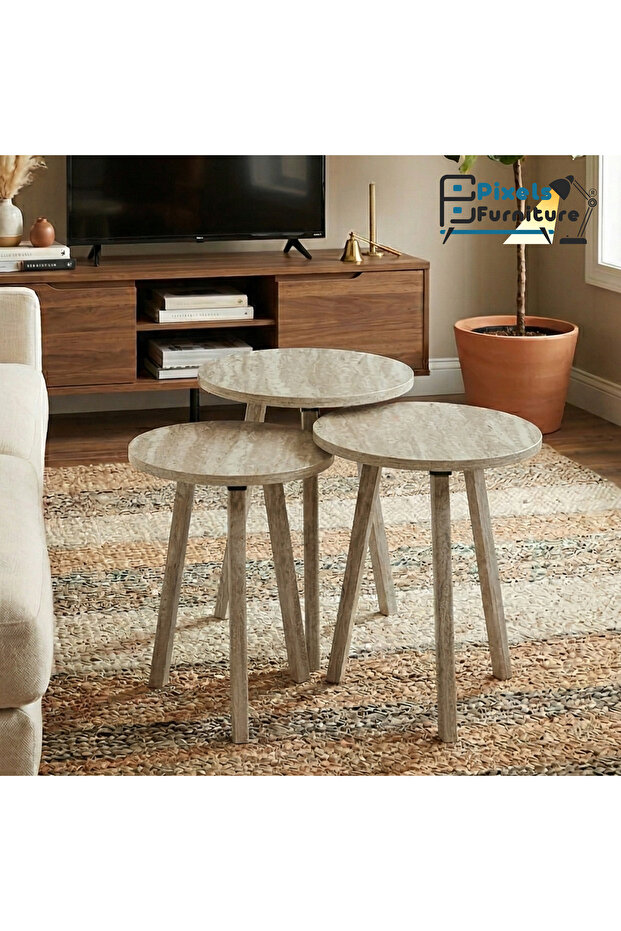 طقم طاولات 3 قطع بتصميم دائري من بكسل الأثاث, لتقديم القهوة والشاي, متعددة الاستخدامات