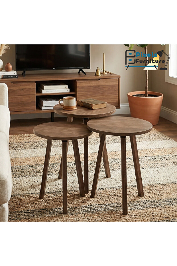 طقم طاولات 3 قطع بتصميم دائري من بكسل الأثاث, لتقديم القهوة والشاي, متعددة الاستخدامات