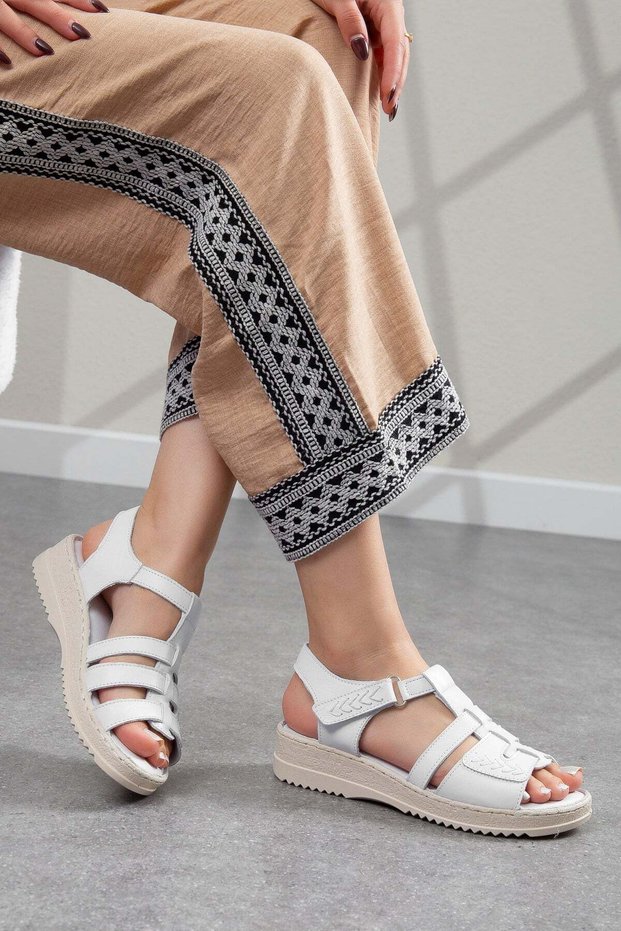 White Genuine Leather Short Heeled Anatomical Ultra Comfortable Comfortable Sole Strap Women's Sandals