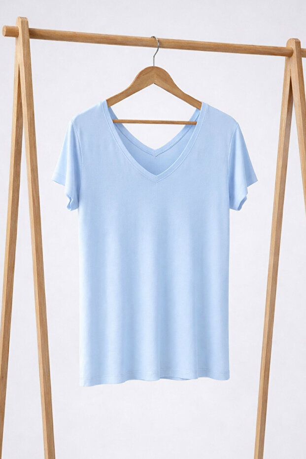 Front and Back V-Neck Basic Viscose Blend T-Shirt - 8