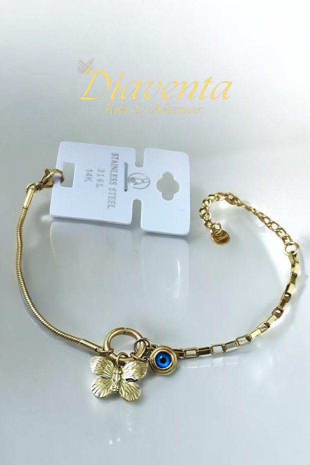 100% Steel Bracelet with Evil Eye Beads and Butterfly Luck Figure - 17cm+5