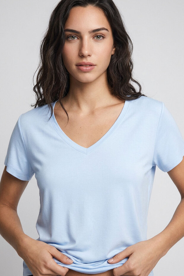 Front and Back V-Neck Basic Viscose Blend T-Shirt - 6