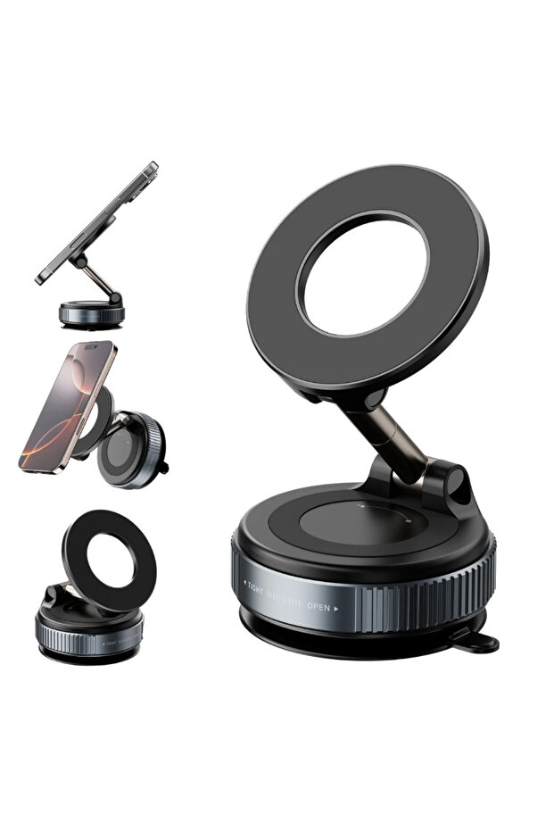 Folding Magnetic Phone Holder 360 Degree Rotating Vacuum Suction Car Holder Strong Secure Grip Metal