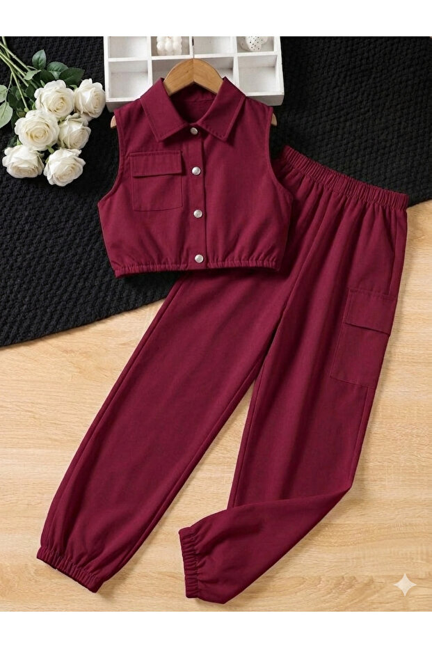 Burgundy 2-Piece Combination Set for Girls with Snap Closure