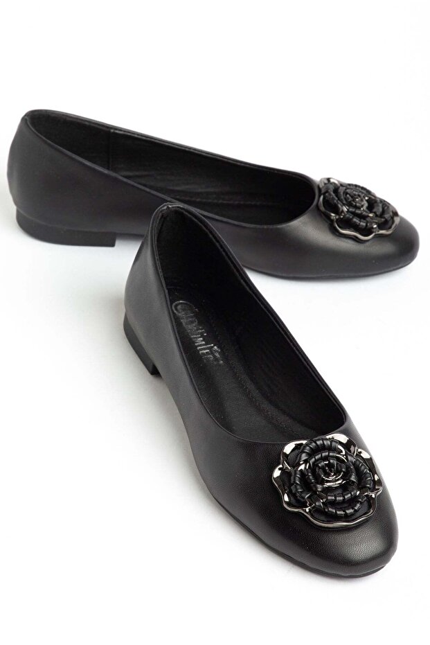 Large Size Women's Ballerinas Black Leather Flower Detailed Accessory