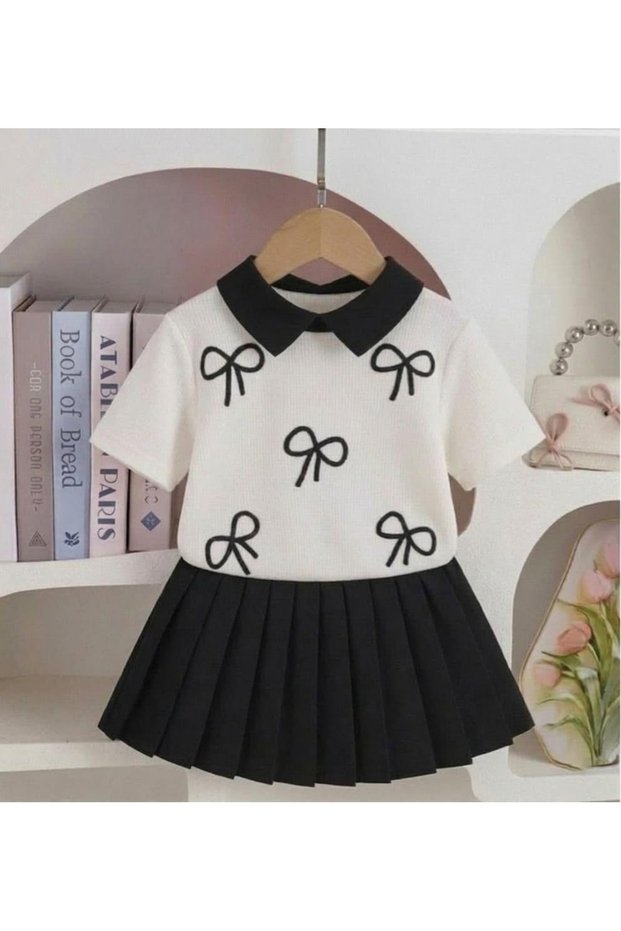 Ribbon Embroidered Blouse and Pleated Skirt Girls' Set-White