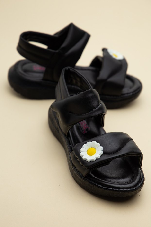 Şirinbebe Orthopedic Girls' Sandals Black Nylon Sole with Velcro and Daisy Accessories