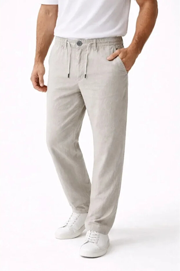 Men's Linen Pocket Trousers with Elastic Waist, Lace-Up Front, Zipper - Gray