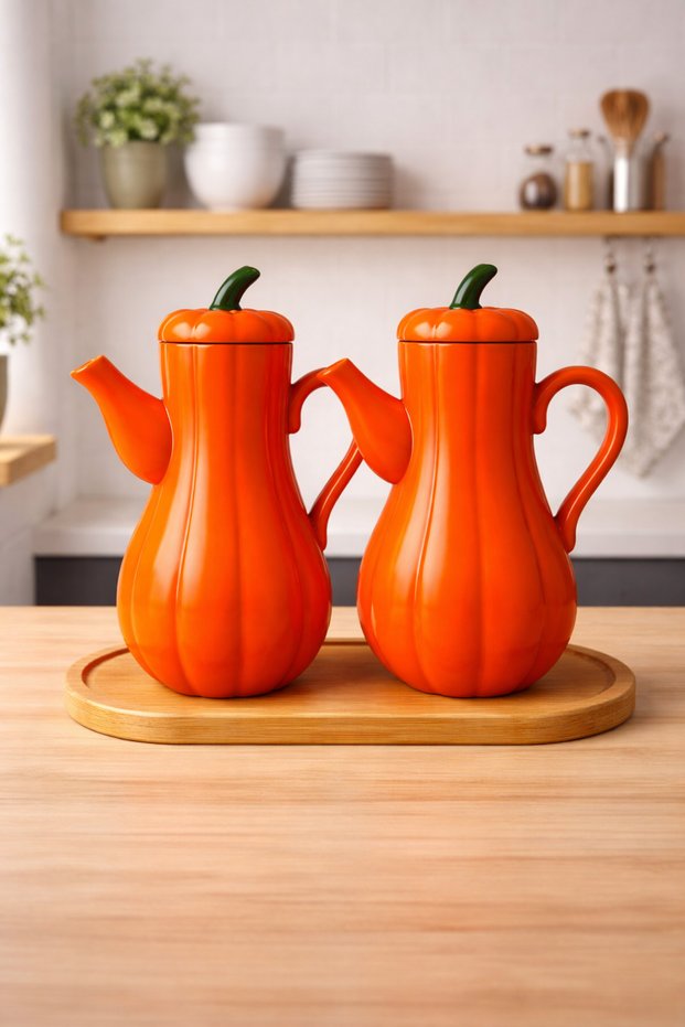 2-Piece Orange Porcelain Honey Pumpkin Design Vacuum Pumpkin Series Oil Pot Set with Stand 1000 ml
