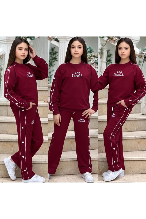 Girl's Embroidered Double Tracksuit Set with Snap Fasteners and Piping Detail - 100% Cotton Double Komin Holiday Set