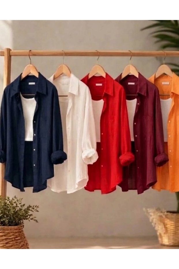 Women's Navy Blue, White, Red, Burgundy, Orange Cotton Oversize Linen Single Pocket Casual Shirt