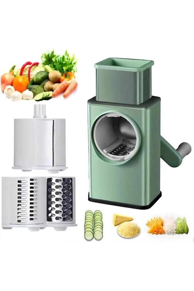 Rotary Cheese Grater & Vegetable Slicer, 3 Blade Drums, Non-Slip Strong Suction Base, Easy Manual