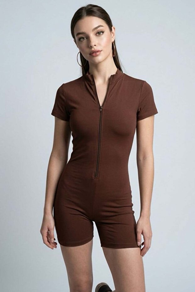 Brown Slim Fit Zippered Shorts Overalls Mg2794