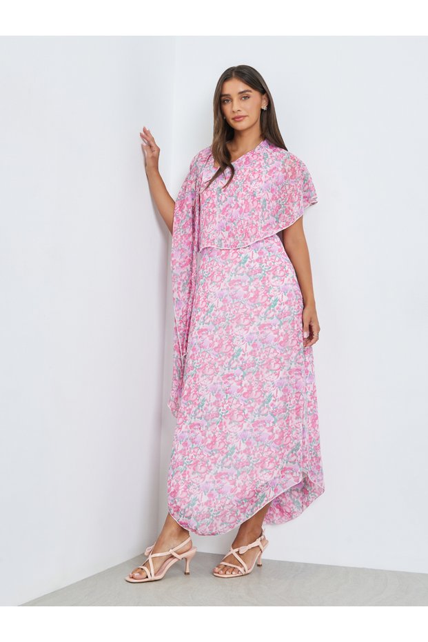 Pink Asymmetric Hem Draped Maxi Dress
