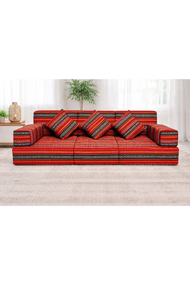 Traditional Arabic Majlis Floor Sofa – 3 Seater (Red Geometric Design)