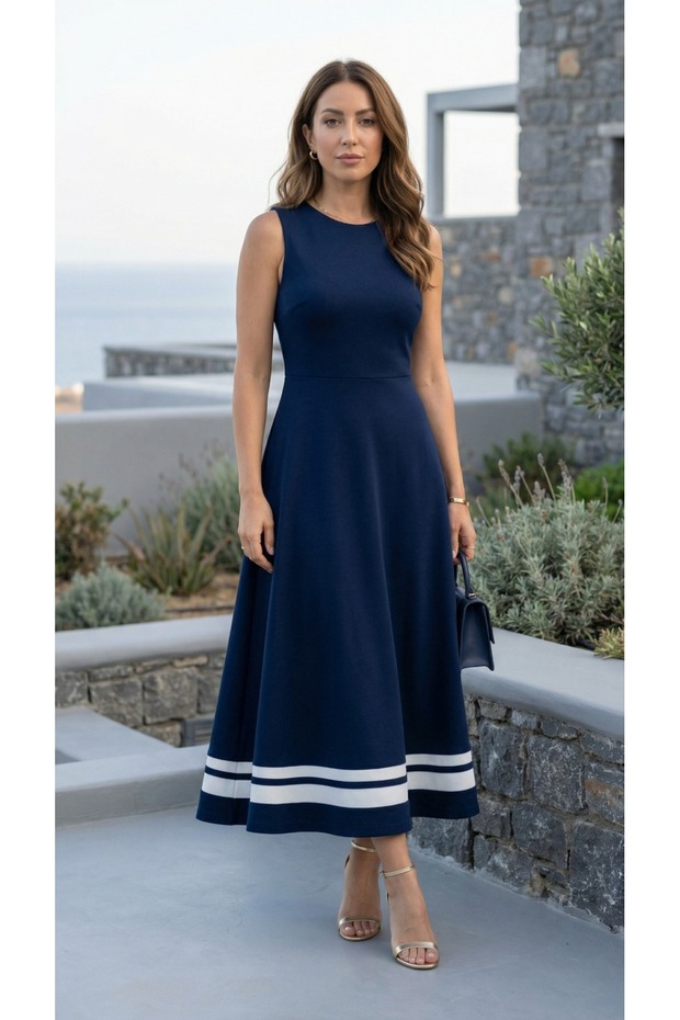 Women's Round Neck Strappy Skirt Hem Stripe Detailed Long Summer Viscose Dress