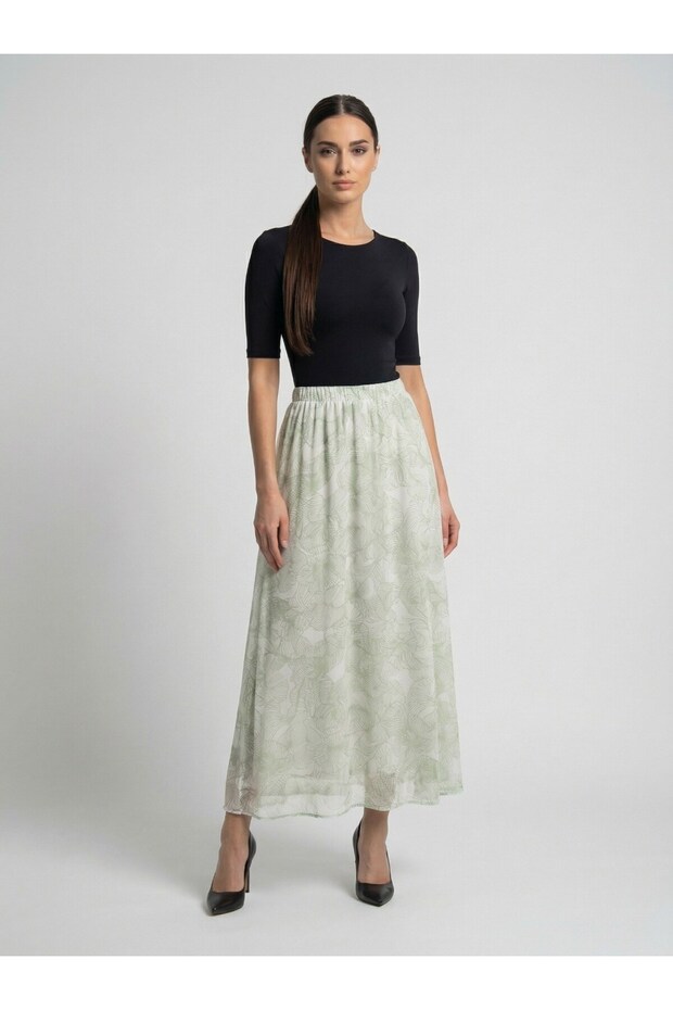 Apsen Women Water Green Floral Patterned High Waist Elastic Flowy A-Line Maxi Skirt 2204-90