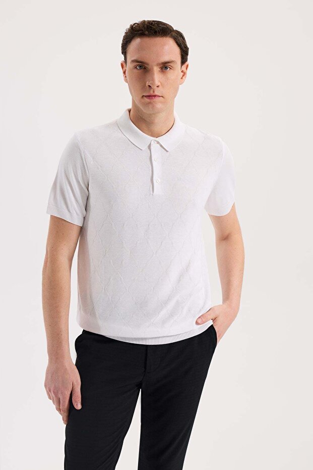 White Slim Fit Patterned Knitwear Polo Neck T-Shirt