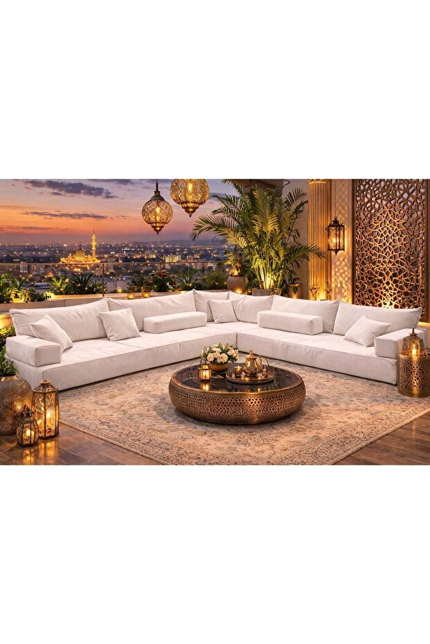 Luxury Moroccan Style Outdoor Sectional Sofa Set, White, with Ornate Arabic traditional Majlis