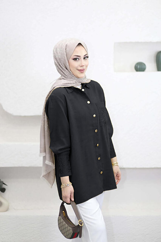6293 - Stylish Comfortable Women's Shirt with Sleeve-Pocket Embroidery Detail in Woven Soft Fabric